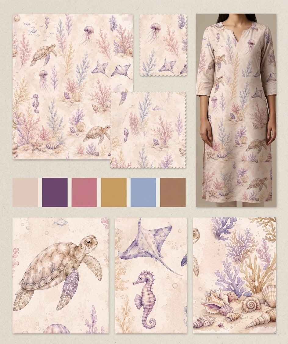 AI-accelerated concept board with print, palette and garment preview