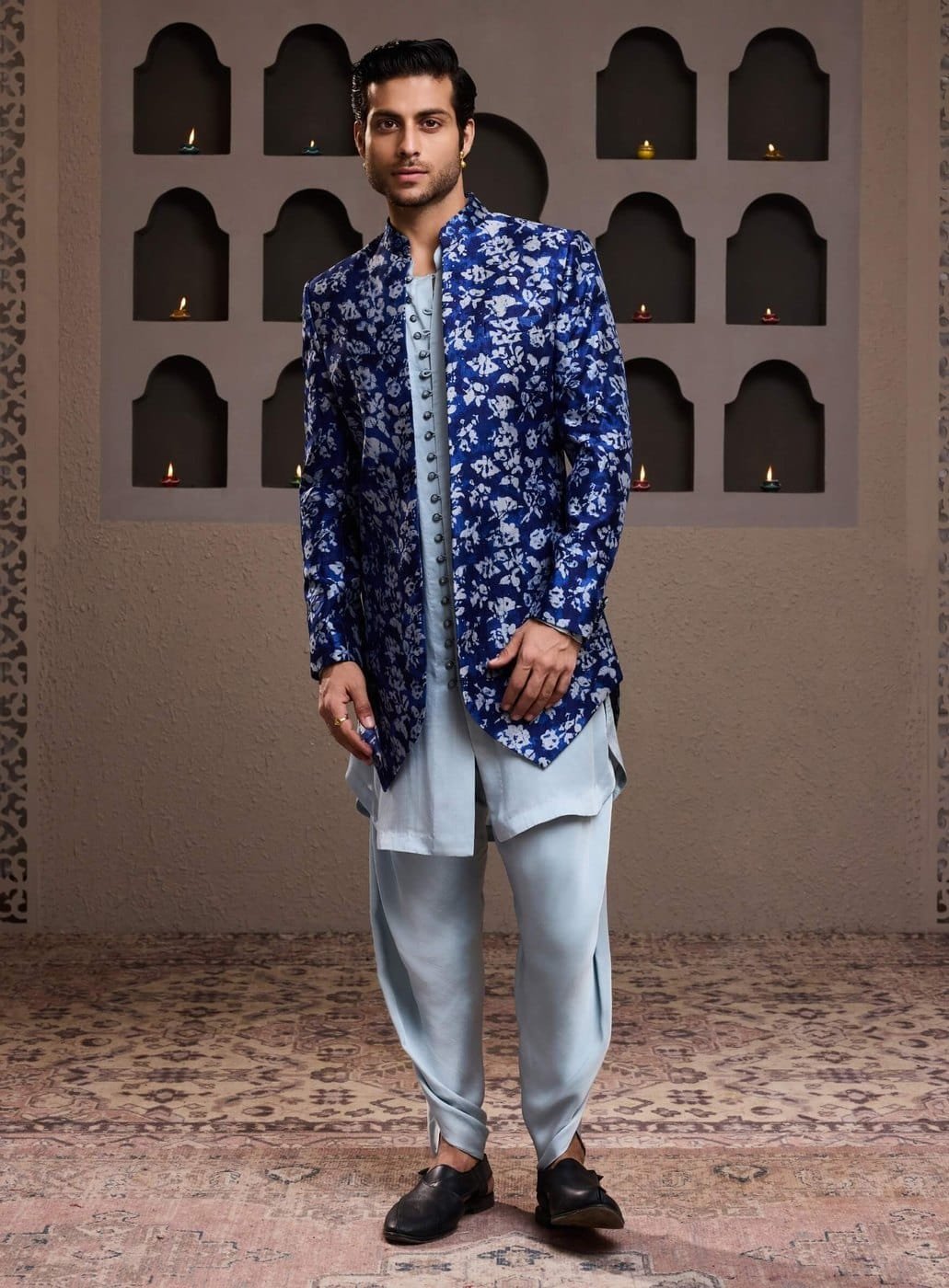 Indigo dabu print menswear on model